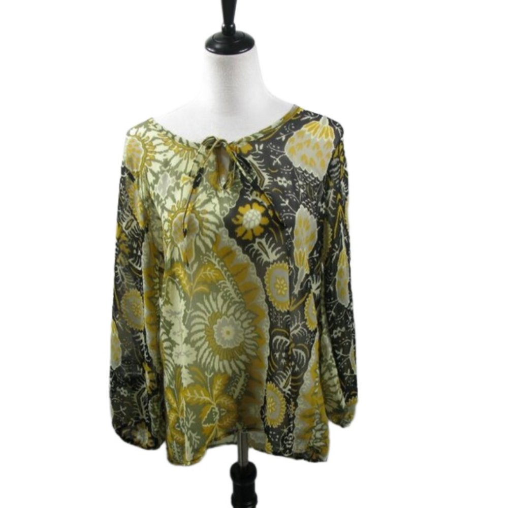 Cha Cha Vente Mustard Yellow/Black Sheer Boho Floral Peasant Blouse Size Large